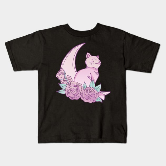 Floral Lunar Cat Kids T-Shirt by MimicGaming